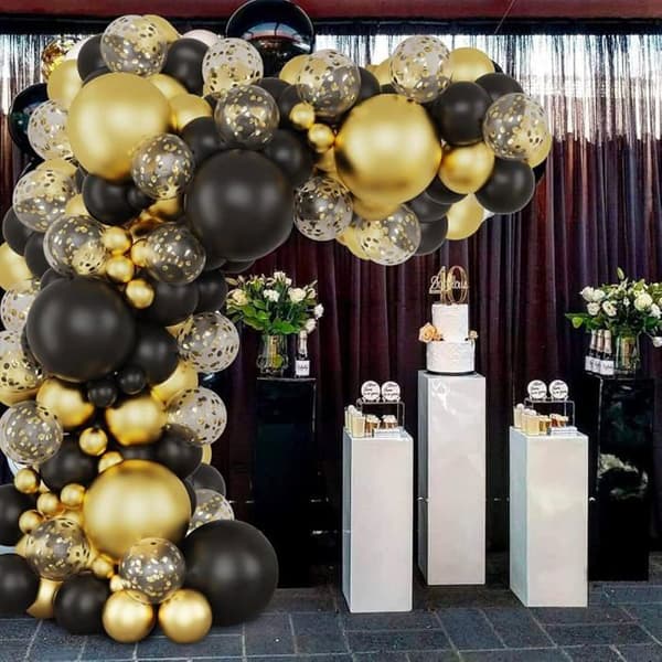 Sort og guld ballonbue-sæt, 121 dele, sort og guld ballonranke med sort/guld ballonbue hvid XXS