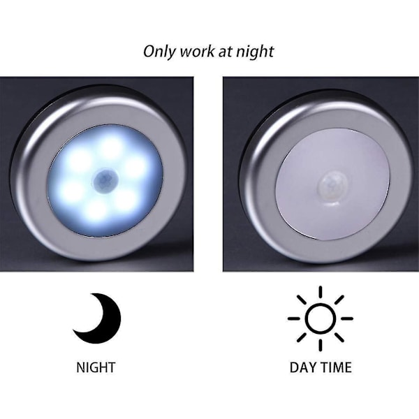 Langaton liiketunnistin LED-valo kaappiin, portaisiin, eteiseen, keittiöön, makuuhuoneeseen (6 kpl) (hopeakuori (valkoinen valo))