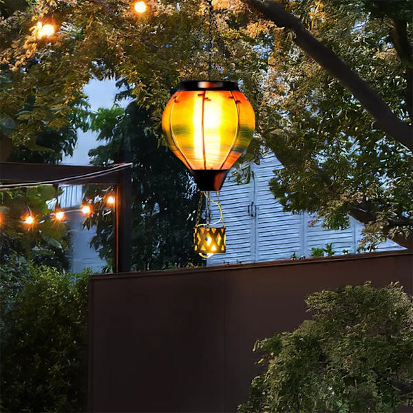 Varmtluftballong solcellelys, utendørs jern glass lysekrone, hage dekorative lys, IP55, LED solcellelysekroner, LED solcellelys
