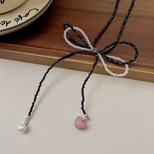 Boho Pink Black Helmillä Koristeltu Kaulakoru Rusetti-nauha Ylös Clavicle Ketju Söpö Cool Choker