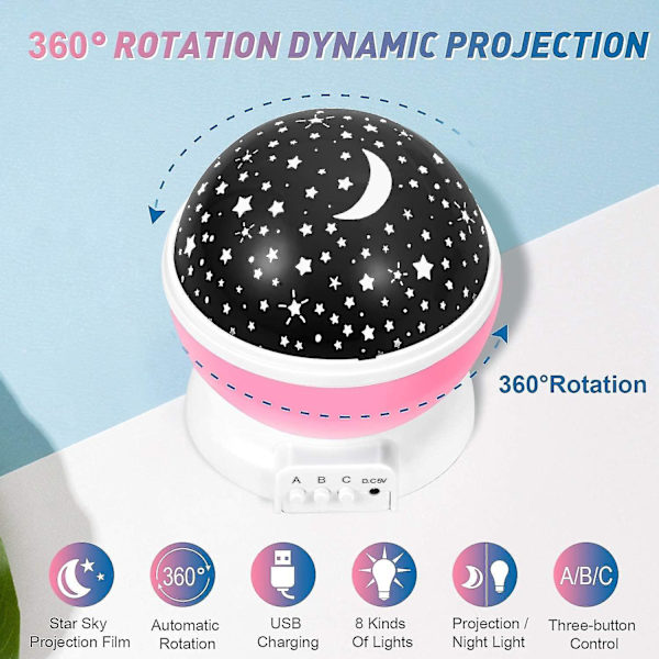 Baby nattlys, månestjerneprojektor 360 graders rotasjon - 4 LED-pærer 8 fargeskiftende lys, romantisk natt
