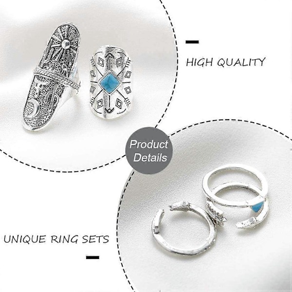 Boho Knuckle Rings Set Silver Turkos Stapelbara Fingerringar Justerbar Öppen Ring Midi Storlek Knog Ring Set för Kvinnor och Flickor 9PCS