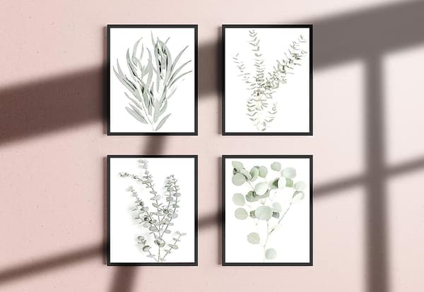Sæt med 4 blomsterkøkkenblade vægkunst Boho blade eukalyptusplanter vægtryk (UNFRAME) (8x10)
