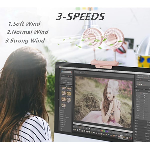 Monitorfläkt, skrivbordsfläkt med 2 fläktblad, 360° roterande 3-växlad skrivbordsfläkt, USB-driven kylfläkt med kraftig justerbar klämma, liten tyst USB