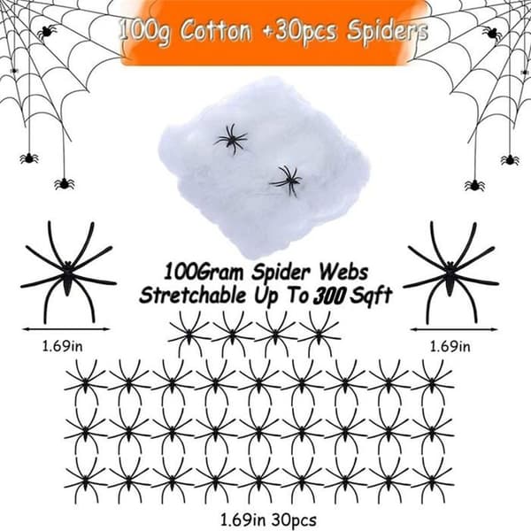 Halloween edderkoppespind dekoration, elastisk edderkoppespind, velegnet til en uhyggelig indendørs/udendørs atmosfære