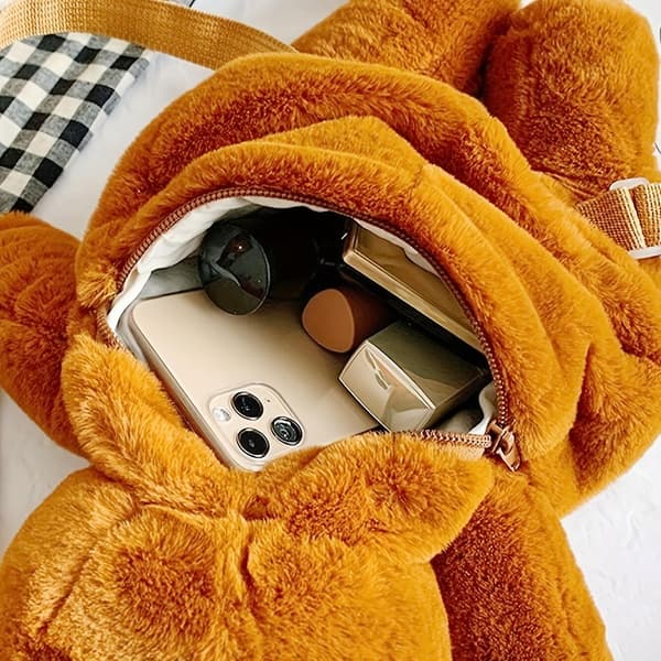 Cartoon Plush Double Back Street Trend Ladies Backpack Doll Bag（brun）