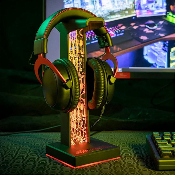 RGB-pelikuulokkeiden pidike 10 valolla, kahdella USB-liitännällä, 3,5 mm:n ääniliitännällä, 3D-tunnelmavalon värilaatikko (musta)