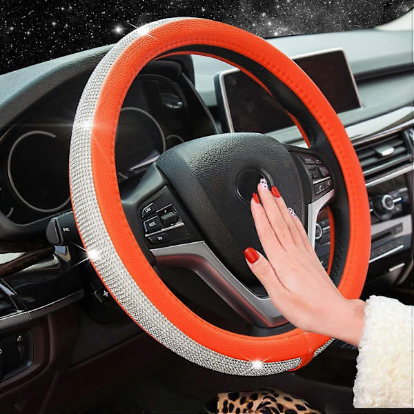 Diamant Rattskinnsrattöverdrag med Kristall Strass Universal 15 Tum för Fusion Focus HRV Corolla Prius Rav4 Tacoma Camry (Orange)
