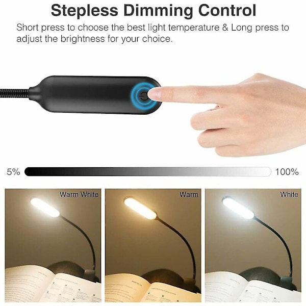 Oppladbar leselampe, 12 LED-leselampe med 3 lysmoduser, 360 trinnløs dimming, fleksibel nakkeleselampe for bøker i sengen, klips L