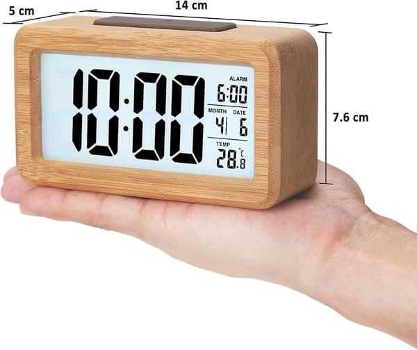 Trädigital väckarklocka, LED-display väckarklocka i trästruktur, smart sensor nattlampa