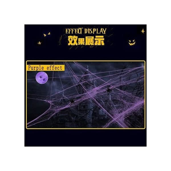 Halloween Stræk Edderkoppespind - WINLLINEE - 100g - 10 Edderkopper - Lilla - Sort - Vægdekoration