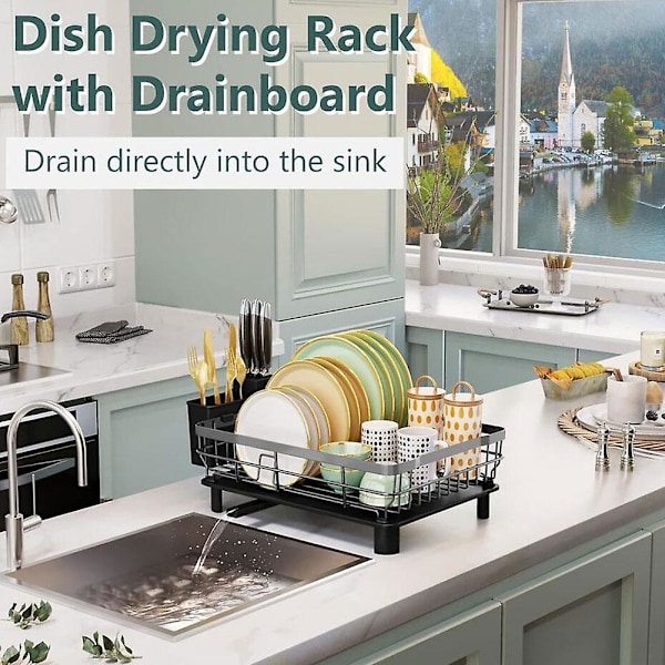 Drying Dish Rack and Drain Board Set Utensil Holder Iron Metal Kitchen Counter