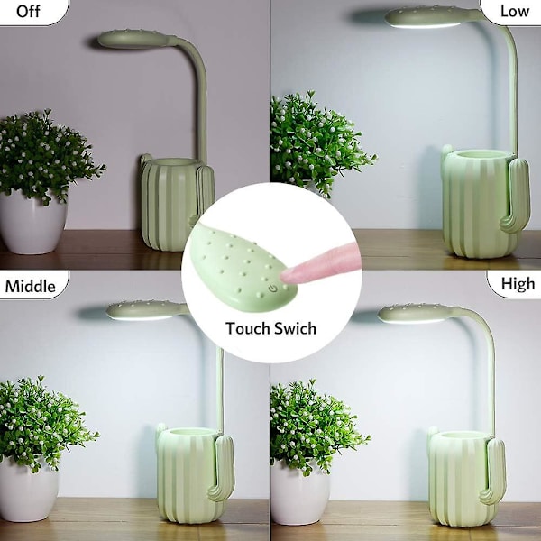 Skrivebordslampe Barnelampe med svanehals 3 lysstyrkenivåer Dimbar LED-skrivebordslampe med berøringsbryter og penneholder Grønn