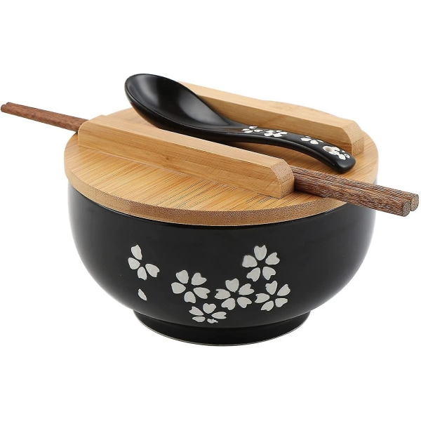Ramen skål set, japansk Ramen skål med lock sked, stor keramisk soppskål, handmålad svart risskål 6,5 tum-p Retro nudelskål