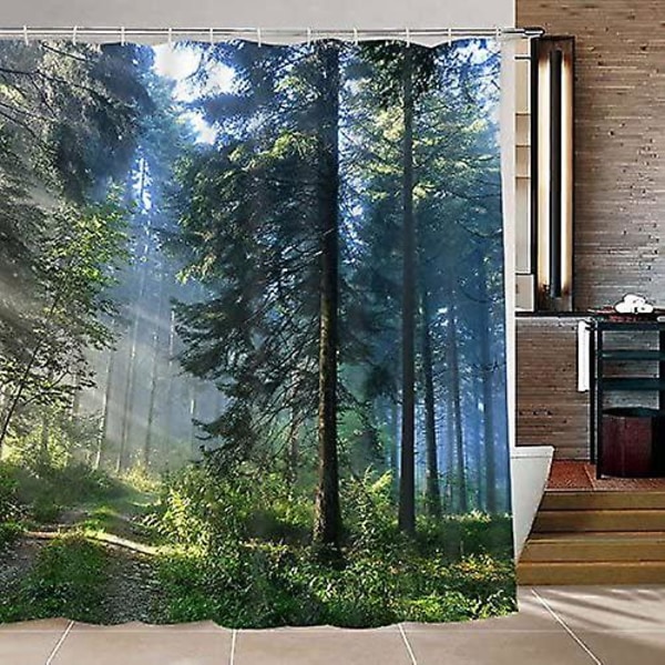 Misty Forest badeforhæng til badeværelse med 12 kroge, soltræ badeforhæng holdbart vandtæt stof badeforhæng