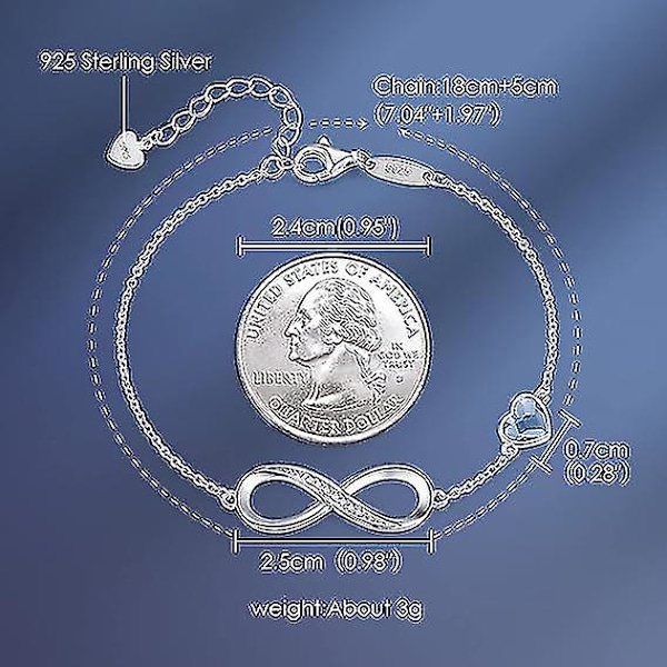 Infinity Hjerte Symbol Charm Link Armbånd Til Kvinner 925 Sterling Sølv Rustfritt Stål Justerbar Jubileums Smykker Bursdagsgaver Til Kvinner Kone G