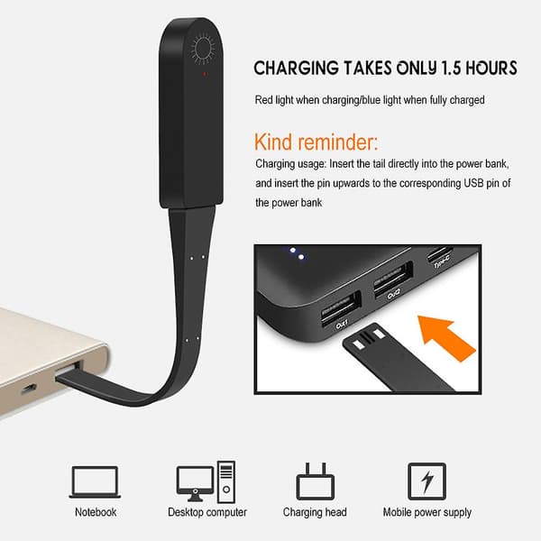 Mini USB-pluggbøker Klipslys Lettvekts roterende lampearmlys for hjem soverom studie（Svart）