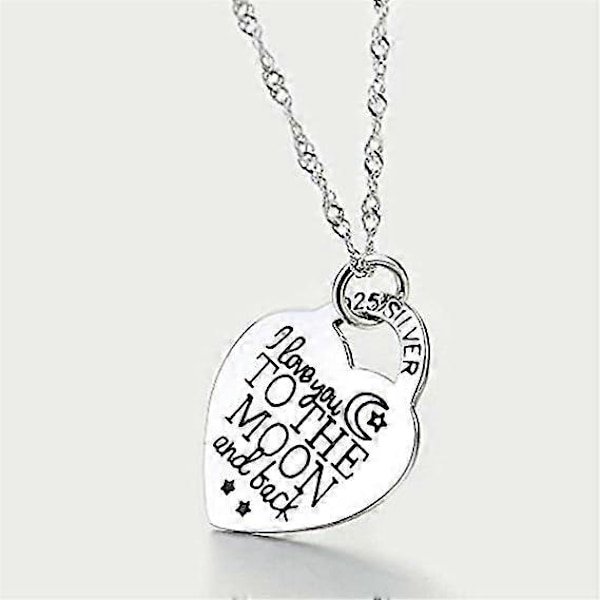 Journey Studio Hjärtformad Halsband med Gravyr \"Jag Älskar Dig Till Månen Och Tillbaka\" - Brevkedja, Valentinsdagspresent, Silver