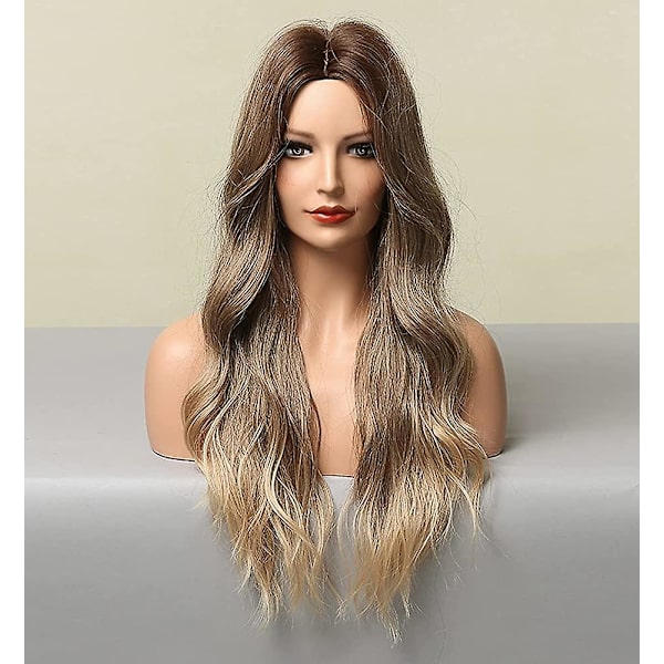 Ombre brune parykker for kvinner, syntetisk hår blond bølget ombre parykk, limfri lang