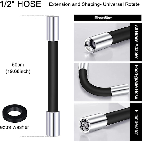 360 Fleksibel Haneforlænger - Til Udendørs Badeværelse og Køkken (Sort), Fuld Længde (50cm)