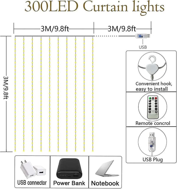 Vanntett gardinlys, 3m3m 300led lyslenke med 8 moduser fjernkontroll timer justerbar