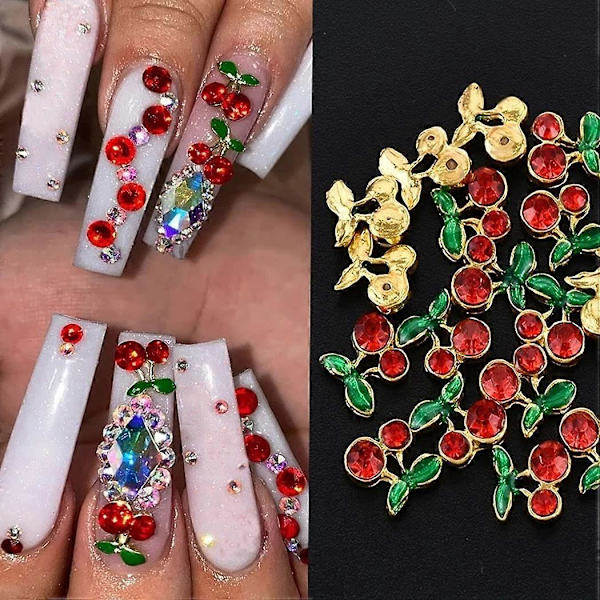 42 st Luxury Alloy körsbärs nagelcharms för nagelkonst 3d nagelkonst charms körsbär nagelkonst tillbehör strass naglar nageldekorationer nagelkonst