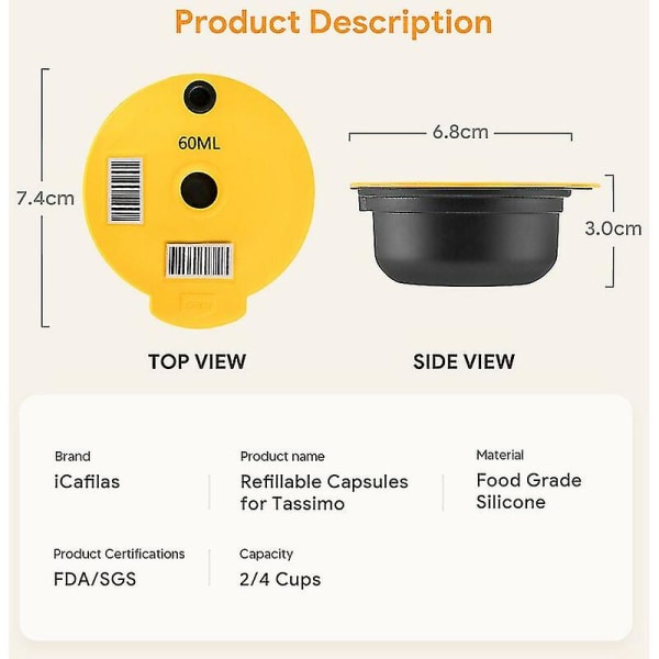 Julklappar, icafilas 60/180 ml Återanvändbar kaffekapsel för Tassimo Bosch-maskin Påfyllningsbar filterkopp Pod Espressomaskin Silikon av livsmedelskvalitet