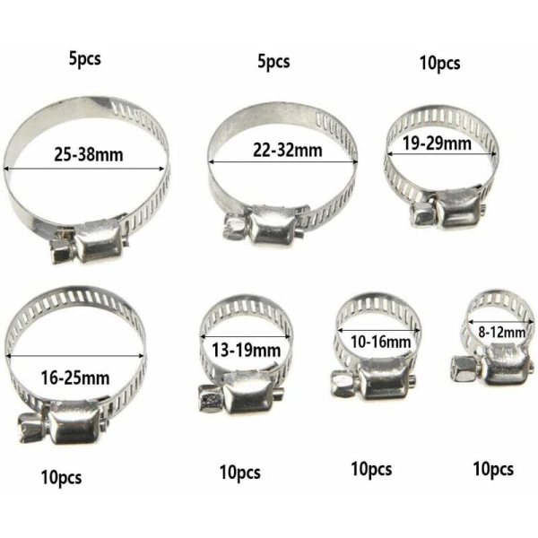 DXIA 60 stk slangeklemme, justerbar slangeklemmefeste i rustfritt stål, 8-38 mm utvalg av 7 størrelser for familievannslange, bensintank, bilslange