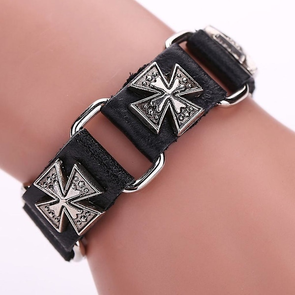 Herrar Punk Justerbar Läderarmband Metall För Kors Manschett Armband Wristba（Svart）