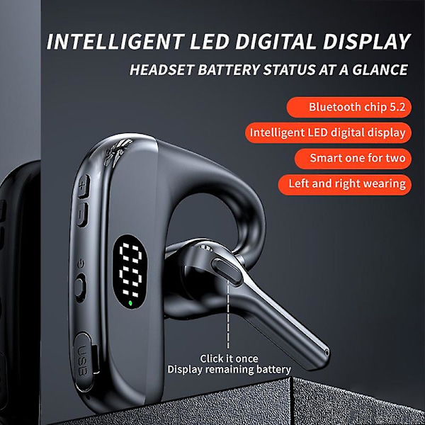 Bluetooth-headset med mikrofon, vattentätt headset, sport-headset, trådlöst affärsheadset, LED-displayheadset, enkelöronsheadset