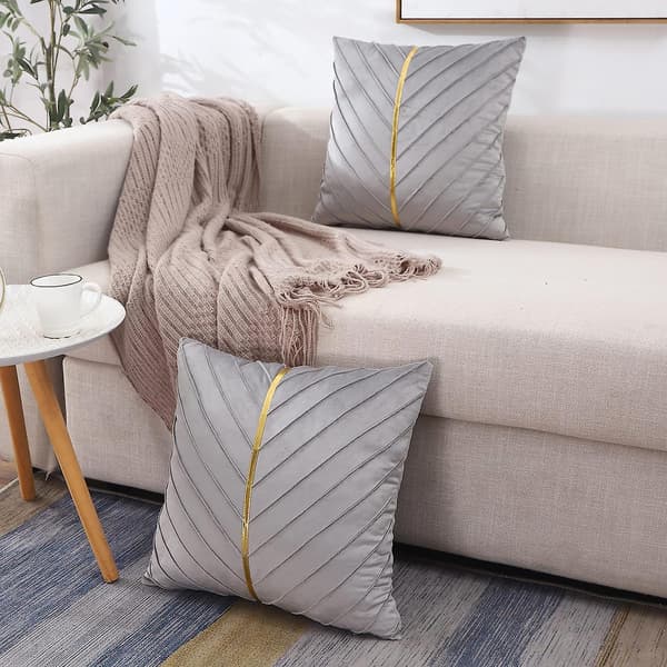 Sammetskuddfodral 18x18, 2-pack, Dekorativa Lyxiga Moderna Kuddfodral för Vardagsrum, Sovrum, Soffa, Säng med Guldläder (grå