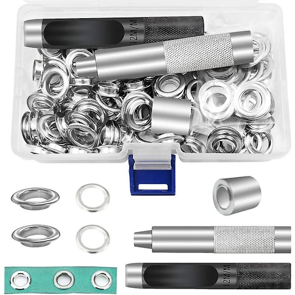 Grommetværktøj 12mm Metal Grommet Sæt 100 Sæt Grommet Kit Øjesæt til Lærred Presenning Telt Reparation Sølv (1/2 Tomme)