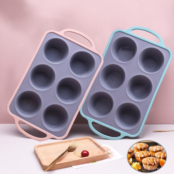 Silikonkakeform 6 kopper Cupcake-modell Muffins Tart Bakepanne med håndtak Non-Stick Matkvalitet Varme（Grønn）