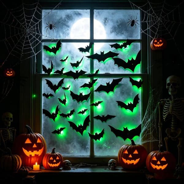 Set med 36 gröna LED 3D Halloween-fladdermöss, inomhus väggdekoration för sovrum, dörr, spegel, fest