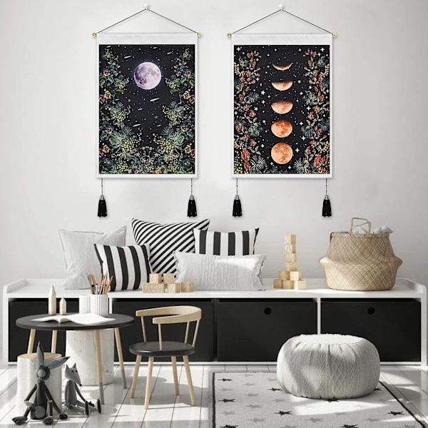 Väggdekor Set med 2 Väggbonader, Månskensgård Väggbonad, Månsfas Väggbonad, Blommor och Rankor Väggbonader, Svart Golvväggbonad