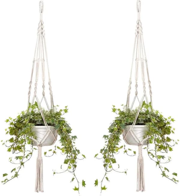 Hængende blomsterkurve, sæt med 2 macrame hængende blomsterkurve, bomuldsreb, 105 cm—
