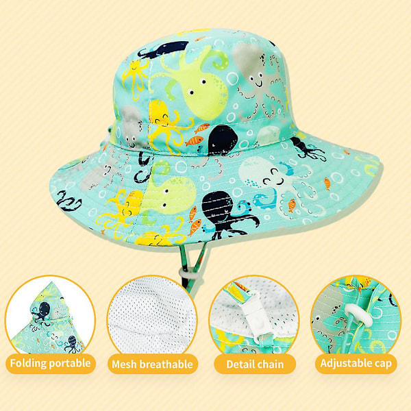 Dww-S-Octopus Solhatt Justerbar Bred Bremskjerm Solbeskyttelse UPF 50 for Baby Girl Boy Infant Children Toddler Unisex