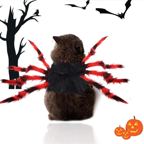 Halloween-dräkt, spindelhunddräkt, konstgjorda spindelben, Halloween-fest husdjurskläder karneval varma cosplay-dräkter för katter valpar (svart röd, S)