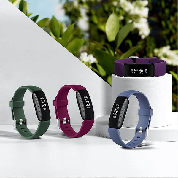 [4-pack] Kompatibelt med Fitbit Inspire 2 armband för kvinnor och män, mjukt silikonarmband för Inspire 2 fitness tracker, plommon/grön/blågrå/fuchsia stor