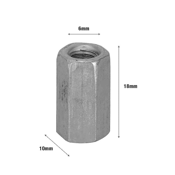Dww-Lang stang kobling sekskantmutter gjengekobling karbonstål kobling metrisk mutter kobling 10 stk (størrelse: M6*18)