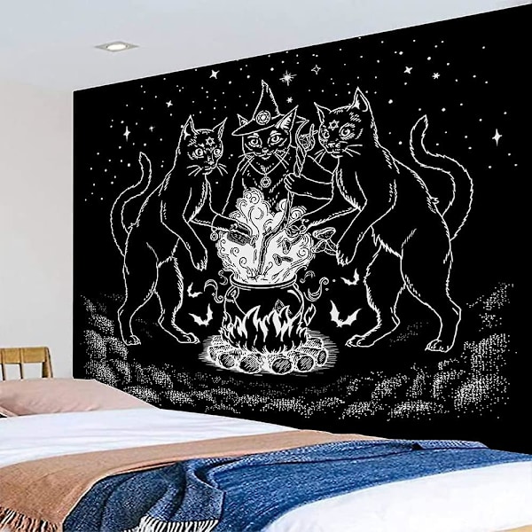 Väggdekor 200x150cm Katt Gobeläng Väggbonad Mystisk Spådom Häxkonst Baphomet Ockult Hem Svart Vägg Gobeläng För Sovrum