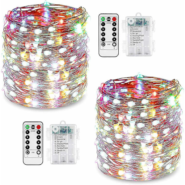 2-pack LED-ljusslingor 10m 100 8 lägen utomhusbelysning koppartråd batteridriven Ip67 vattentät med fjärrkontroll och timer för utomhus, inomhus