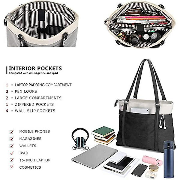 Dame Laptop Tote Bag for Work Lettvekt Splice Canvas 15,6 Tommers Håndveske, 1 stk, svart