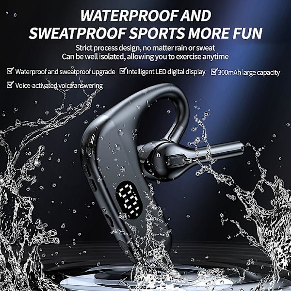 Bluetooth-headset med mikrofon, vattentätt headset, sport-headset, trådlöst affärsheadset, LED-displayheadset, enkelöronsheadset