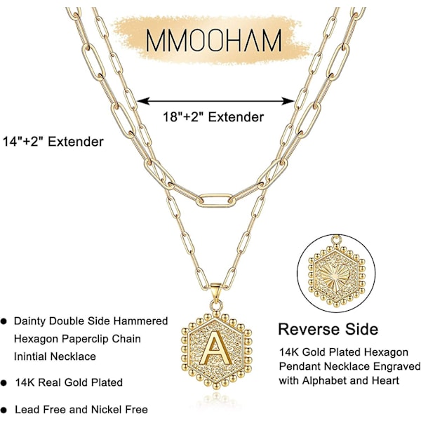 Snygga Lager-Initialhalsband för Kvinnor, 14k Guldförgylld Pappersklippskedja Halsband Enkelt Sött Hexagon Brev Hänge Initial Choker Halsband Guld L