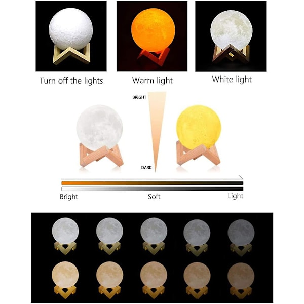 Full Moon Lamp 3d Led Nattlampa Dimbar Touch Control Ljusstyrka Usb Laddning