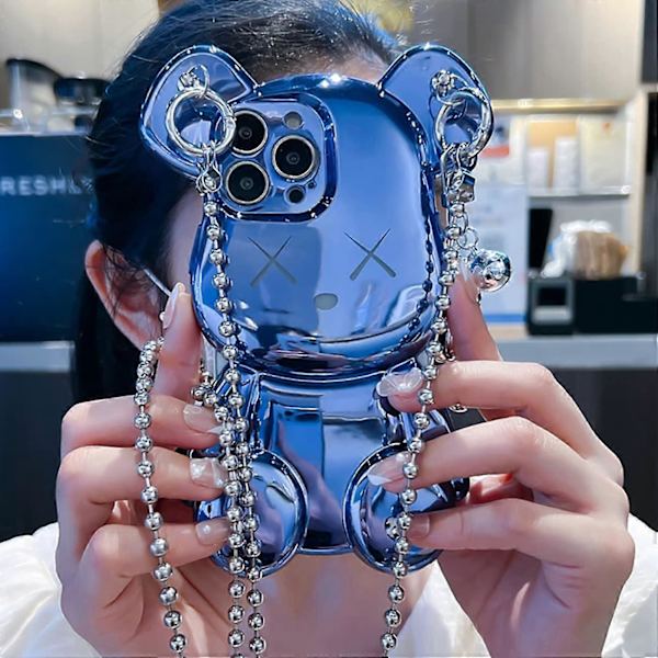 Söt Skal för iPhone 13 Pro Max, 3D Cartoon Björnskal Glitter med Metallkedja Rem Bell Hänge, Mode Plätering Mjuk TPU Stötsäker (Lila)