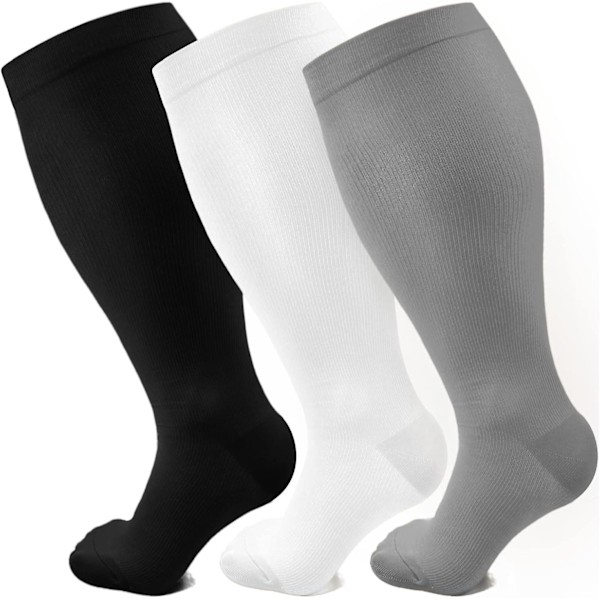 Plus Size Compression Socks for Women Men Wide Calf 20-30 mmHg Extra Large for Circulation Support Recovery/3X-Large-black/Light Gray/White (3 Pack)