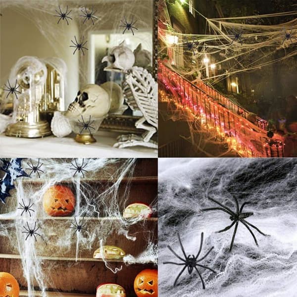 Halloweenpynt - Strækbar Spindelvæv 60g - 30 Falske Edderkopper