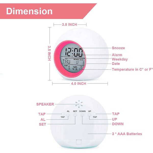 Barnealarmklokke, 7 farger nattlys, slumre, temperaturdeteksjon, studenter til å våkne på soverommet, nattbord, batteridrevet